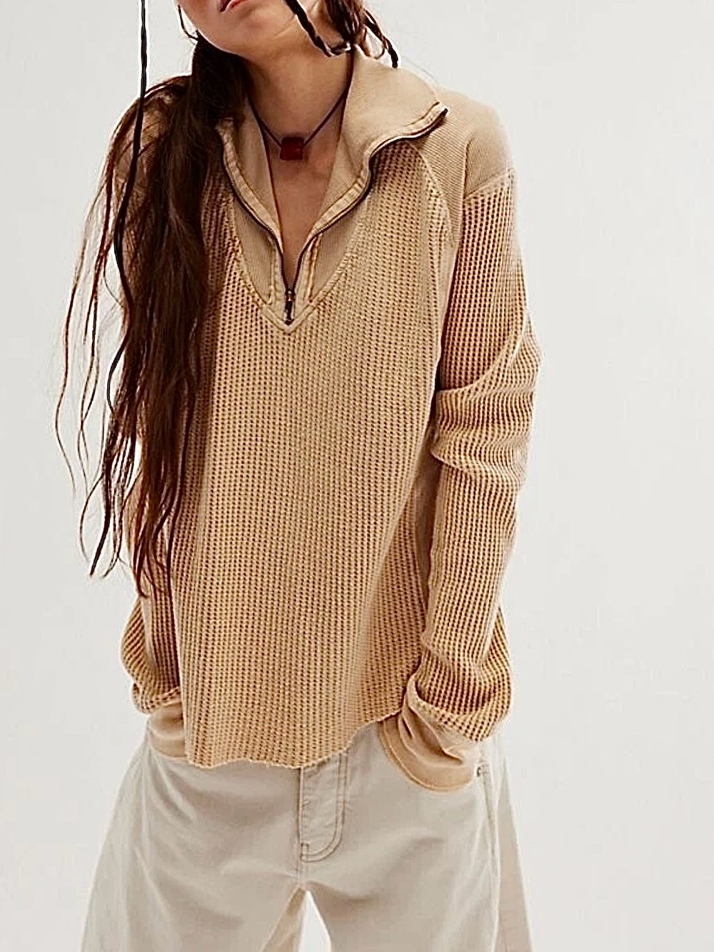 Free People FP One Ashton Haf Zip Thermal Longsleeve Tan Sand Waffle Knit Collar